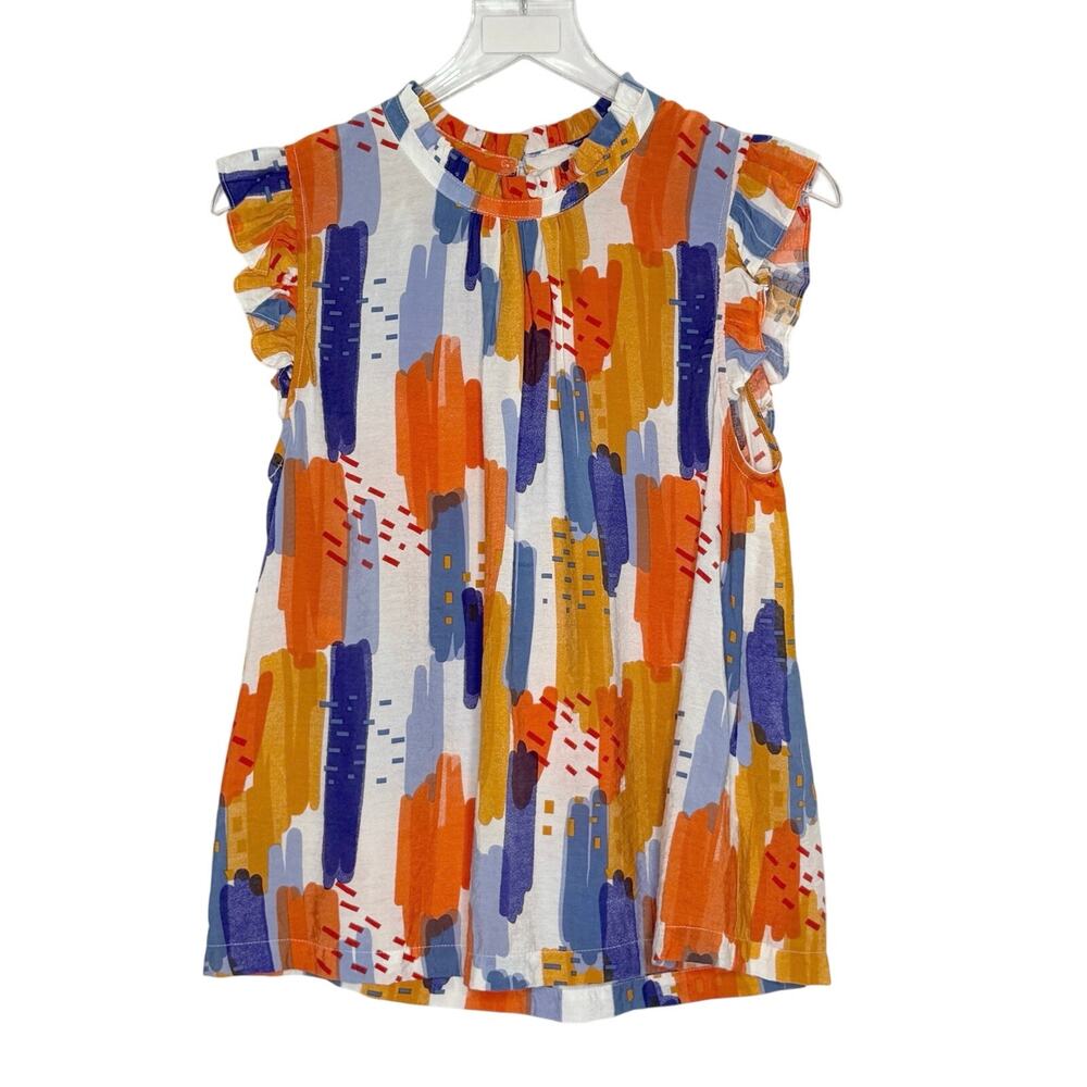 THML Flutter Sleeve Blouse M Colorful Abstract Brushstroke Print Multicolor